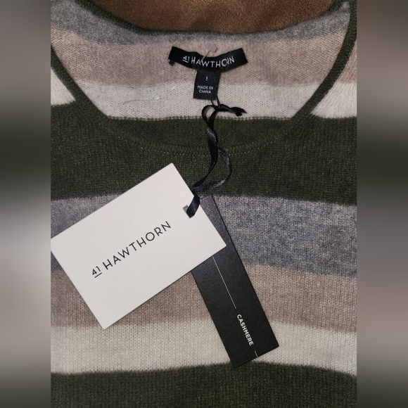 Nwt 41‎ Hawthorn Women Green Grey Tan Striped SOFT No Itch 100% Cashmere Sweater - Picture 4 of 8